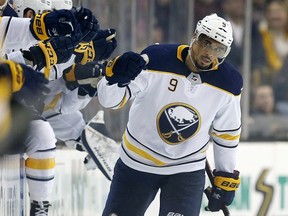 In this Feb. 10, 2018, file photo, Buffalo Sabres' Evander Kane (9) celebrates his goal against the Boston Bruins. (AP Photo/Michael Dwyer, File)