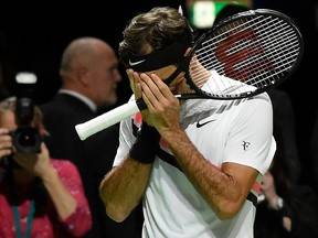 Roger Federer celebrates after beating Robin Haase in the quarterfinal of the ABN AMRO World Tennis Tournament in Rotterdam on February 16, 2018.  (JOHN THYS/Getty Images)