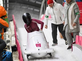 Russian bobsled pilot Nadezhda Sergeeva competes at the Pyeongchang Olympics on Feb. 21.