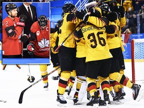 Germany's players celebrate winning the men's semi-final ice hockey match between Canada and Germany during the Pyeongchang 2018 Winter Olympic Games at the Gangneung Hockey Centre in Gangneung on February 23, 2018. (Getty)