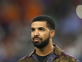 Rapper Drake looks on prior to the International Champions Cup soccer match between Manchester City against Manchester United at NRG Stadium on July 20, 2017 in Houston, Texas.