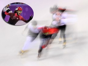 Samuel Girard of Canada, Yira Seo of Korea, John-Henry Krueger of the United States, Hyojun Lim of Korea compete during the Short Track Speed Skating Men's 1000m Final A on day eight of the PyeongChang 2018 Winter Olympic Games at Gangneung Ice Arena on Feb. 17, 2018 in Gangneung, South Korea. (Inset) Girard celebrates after winning the race.  (Dean Mouhtaropoulos/Getty Images/THE CANADIAN PRESS/AP-Julie Jacobson)