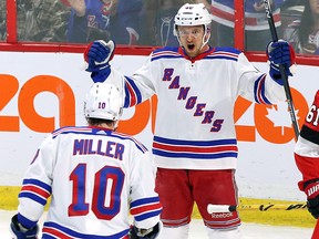 New York Rangers right wing Michael Grabner (40) celebrates his goal in Ottawa on Saturday, Feb. 17, 2018. (THE CANADIAN PRESS/Fred Chartrand)