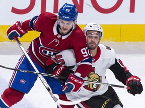 Ottawa Senators' Gabriel Dumont, right, tangles with Montreal Canadiens' Jonathan Drouin Wednesday, November 29, 2017 in Montreal. (THE CANADIAN PRESS/Paul Chiasson)
