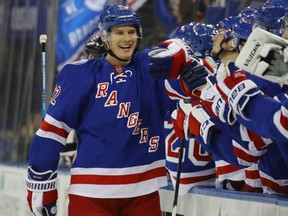 Nick Holden of the New York Rangers celebrates a goal against the Ottawa Senators at Madison Square Garden on Dec. 27, 2016