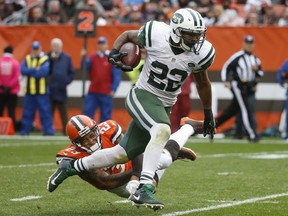 In this Oct. 30, 2016, file photo, New York Jets running back Matt Forte (22) breaks away from Cleveland Browns cornerback Joe Haden (23) in Cleveland.