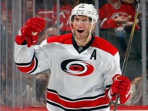Jordan Staal of the Carolina Hurricanes celebrates at the Prudential Center on November 8, 2016 in Newark, New Jersey. (Paul Bereswill/Getty Images)