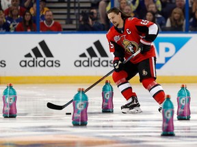 Erik Karlsson of the Ottawa Senators competes in the Gatorade NHL Puck Control Relay during the 2018 GEICO NHL All-Star Skills Competition at Amalie Arena on Jan. 27, 2018