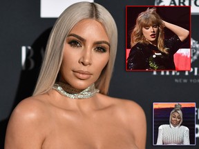Kim Kardashian sent perfume to her "haters," including Taylor Swift (inset, top) and Blac Chyna (inset, bottom).  (Dimitrios Kambouris/Getty Images for Harper's BAZAAR/ANGELA WEISS/AFP/Getty Images/Gustavo Caballero/Getty Images for BET)