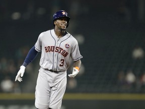 In this Sept. 6, 2017, file photo, then-Houston Astros outfielder Cameron Maybin rounds the bases after hitting a two-run home run against the Seattle Mariners.