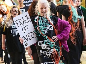 Vivienne Westwood with her son, Joseph Corré alongside London Fashion Week models and activists take part in an anti-fracking protest catwalk show to launch INEOS Fashion outside INEOS head office in Hans Crescent, Knightsbridge.  WENN