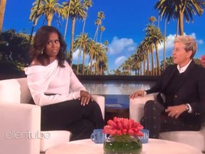Former first lady Michelle Obama appeared on Ellen DeGeneres' show that aired on Thursday. (YouTube)