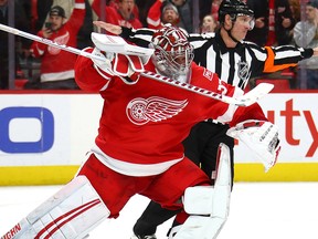 Petr Mrazek of the Detroit Red Wings celebrates a shootout win over the San Jose Sharks at Little Caesars Arena on January 31, 2018 in Detroit. (Gregory Shamus/Getty Images)