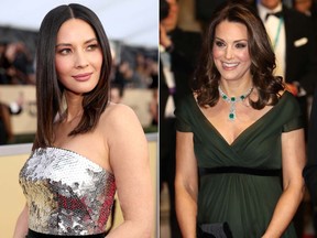 Actress Olivia Munn, left, is defending Catherine, Duchess Of Cambridge after the royal chose not to wear black in support of the Time’s Up movement during the BAFTA awards on Sunday. (Getty Images)