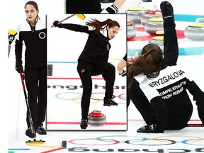 Aleksandr Krushelnitckii and Anastasia Bryzgalova of Olympic Athletes from Russia compete against Norway during the Curling Mixed Doubles Bronze Medal Game on day four of the PyeongChang 2018 Winter Olympic Games at Gangneung Curling Centre on February 13, 2018 in Gangneung, South Korea.