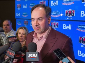 Ottawa Senators GM Pierre Dorion talks to the media the day after he traded Dion Phaneuf and Nate Thompson to the L.A. Kings.