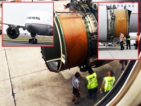 This photo provided by passenger Haley Ebert shows damage to an engine on what the FAA says is a Boeing 777 after parts came off the jetliner during its flight from San Francisco to Honolulu Tuesday, Feb. 13, 2018.  (Haley Ebert via AP)