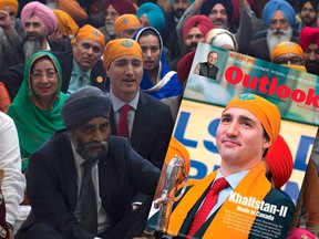 Prime Minister Justin Trudeau sits with members of the Sikh community and government caucus during a Vaisakhi Celebration on Parliament Hill in Ottawa, Monday, April 11, 2016 alongside the cover of the Feb. 12, 2018 issue of Outlook India.