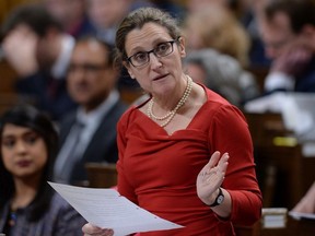Minister of Foreign Affairs Chrystia Freeland rises during Question Period in the House of Commons on Parliament Hill in Ottawa on Wednesday, Feb. 7, 2018.