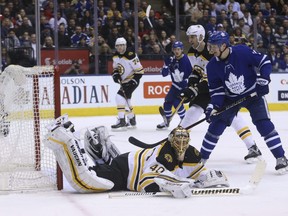 Boston Bruins goalie Tuukka Rask is beaten by Maple Leafs forward Mitch Marner (not pictured) during the first period at the Air Canada Centre on Saturday night.  (Jack Boland/Postmedia Network)