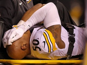 Ryan Shazier of the Pittsburgh Steelers reacts as he is carted off the field after a injury against the Cincinnati Bengals at Paul Brown Stadium on December 4, 2017 in Cincinnati. (John Grieshop/Getty Images)