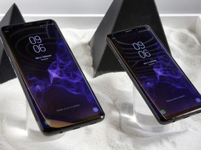 This Wednesday, Feb. 21, 2018, photo shows the Samsung Galaxy S9 Plus, left, and Galaxy S9 mobile phones are shown in this photo during a product preview in New York. The Galaxy S9 phones were unveiled Sunday, Feb. 25, in Barcelona, Spain, and will be available March 16. Advance orders begin this Friday.