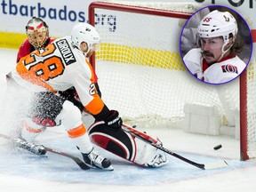 Philadelphia Flyers centre Claude Giroux puts the puck past Ottawa Senators goaltender Craig Anderson during third period NHL action Saturday, Feb. 24, 2018 in Ottawa. The Flyers defeated the Senators but the loss was overshadowed by speculation on whether Erik Karlsson (inset) would be traded. THE CANADIAN PRESS/Adrian Wyld/Paul Chiasson