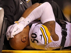 Ryan Shazier of the Pittsburgh Steelers reacts as he is carted off the field after an injury during a game against the Cincinnati Bengals December 4, 2017 in Cincinnati. (John Grieshop/Getty Images)