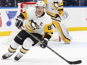 Pittsburgh Penguins star Sidney Crosby skates against the St. Louis Blues, Sunday, Feb. 11, 2018, in St. Louis. (AP Photo/Billy Hurst)