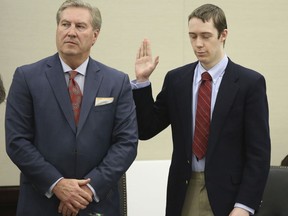 David Eisenhauer, right, next to his defence attorney Tony Anderson, left, during a hearing in Montgomery County Circuit Court in Christiansburg, Va., Friday, Feb. 9, 2018.