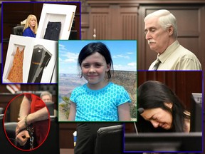Donald Smith has been found guilty of the rape and murder of eight-year-old Cherish Perrywinkle (inset, centre). Rayne Perrywinkle, Cherish's mother, is seen in the witness box (bottom right) while Smith and Perrywinkle's clothing are displayed as evidence during the trial (top left).
 (Bob Self/The Florida Times-Union via AP/Facebook photo/Will Dickey/The Florida Times-Union via AP)