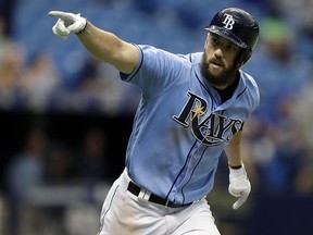 In this Sunday, Aug. 6, 2017 file photo, Tampa Bay Rays' Steven Souza Jr. celebrates after his walk off home run in St. Petersburg, Fla. (AP Photo/Chris O'Meara, File)