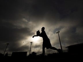 Toronto Blue Jays pitcher Ryan Tepera warms up prior to the official spring training in Dunedin, Fla., on Sunday, February 13, 2017. (THE CANADIAN PRESS/Nathan Denette)