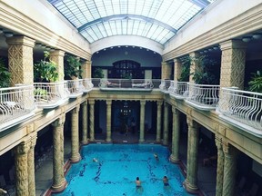 The grand main hall of Budapest's famous Gellert Baths. Thermal baths at the complex contain water from Gellert hill's mineral hot springs.