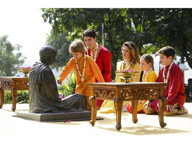 Prime Minister Justin Trudeau and wife Sophie Gregoire Trudeau, and children, Xavier, 10, Ella-Grace, 9, and Hadrien, 3, visit Sabarmati Ashram (Gandhi Ashram) in Ahmedabad, India on Monday, Feb. 19, 2018.