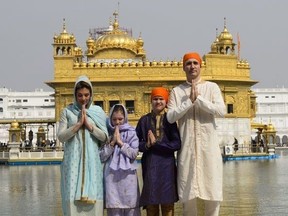 Prime Minister Justin Trudeau wife Sophie Gregoire Trudeau, and children, Xavier, 10, Ella-Grace, 9, visit the Golden Temple in Amritsar, India on Wednesday, Feb. 21, 2018.