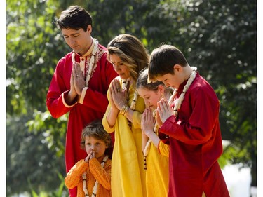 Prime Minister Justin Trudeau and wife Sophie Gregoire Trudeau, and children, Xavier, 10, Ella-Grace, 9, and Hadrien, 3, visit Sabarmati Ashram (Gandhi Ashram) in Ahmedabad, India on Monday, Feb. 19, 2018.
