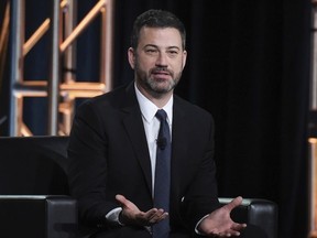 FILE - In this Jan. 8, 2018 photo, Jimmy Kimmel participates in the "Jimmy Kimmel Live and 90th Oscars" panel during the Disney/ABC Television Critics Association Winter Press Tour in Pasadena, Calif.