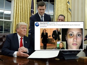 In this Jan. 20, 2017 file photo, White House Staff Secretary Rob Porter, center, hands President Donald Trump a confirmation order for James Mattis as defense secretary, in the Oval Office of the White House in Washington, as White House Chief of Staff Reince Priebus, right, watches.