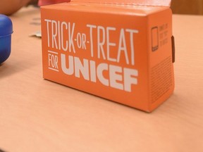 A Trick-or-Treat for UNICEF box is seen at Glassel Park Elementary School in Los Angeles on Oct. 1, 2013.