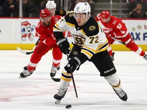 Frank Vatrano of the Boston Bruins heads up ice while playing the Detroit Red Wings at Little Caesars Arena on February 6, 2018 in Detroit. (Gregory Shamus/Getty Images)