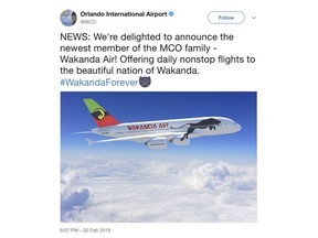 This image released by the Orlando International Airport shows a screengrab of a Feb. 20 tweet announcing flights to Wakanda, the fictional land from the blockbuster film, "Black Panther." Hartsfield-Jackson Atlanta International Airport tweeted a photo of a sign listing a 7:30 p.m. departure to Wakanda with the words, "The bags are packed. #Wakanda forever." (Orlando International Airport via AP) ORG XMIT: NYET333