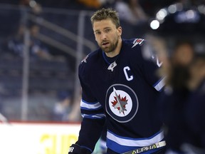 Blake Wheeler skates in warmup prior to the Winnipeg Jets facing the Tampa Bay Lightning in Winnipeg on Tues., Jan. 30, 2018. Kevin King/Winnipeg Sun/Postmedia Network