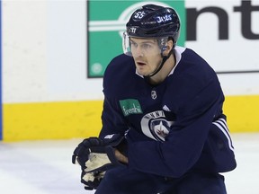 Mark Scheifele defends during Winnipeg Jets practice at Bell MTS Place in Winnipeg on Mon., Feb. 5, 2018. Scheifele is nearing return from a shoulder injury. Kevin King/Winnipeg Sun/Postmedia Network