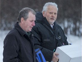 Gerald Stanley, left, with defence lawyer Scott Spencer enters Battleford Court of Queen's Bench at the during Stanley's second-degree murder trial of the shooting death of Colten Boushie. (Liam Richards/Postmedia)