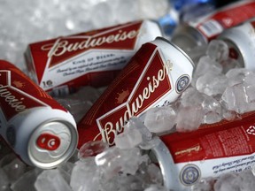 Budweiser beer cans at a concession stand at McKechnie Field in Bradenton, Florida on Thursday, March 5, 2015. (AP Photo/Gene J. Puskar)