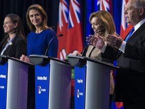 Ontario PC leadership candidates (from front to back) Doug Ford, Christine Elliot, Caroline Mulroney and Tanya Granic Allen at Wednesday night's debate. (The Canadian Press)