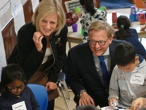 Premier Rachel Notley and Education Minister David Eggen mingle with students at Connaught School in Calgary on Friday, Oct. 13, 2017.