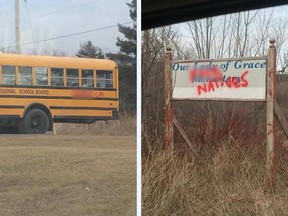 Racist graffiti is painted on a school bus and sign near East Antigonish Education Centre in Monastery, N.S.