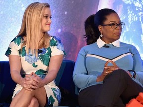 Actors Reese Witherspoon (L) and Oprah Winfrey participate in the press conference for Disney?s 'A Wrinkle in Time' in Hollywood, CA on March 25, 2018